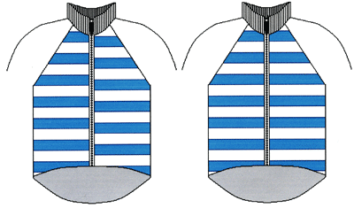 Exempel på jackor i randigt tyg, den vänstra har framstycken som inte är mönsterpassade
