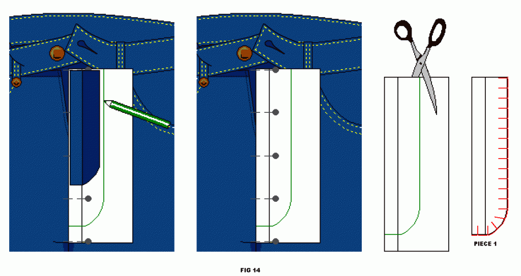 Mark shape of new facing piece and cut out to create a pattern piece. Use this to cut the fabric part. Mark shape of new facing piece and cut out to create a pattern piece. Use this to cut the fabric part.