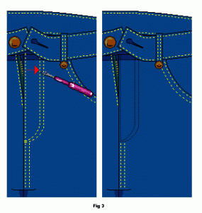 Unpick the right side of the fly facing. Unpick the right side of the fly facing.