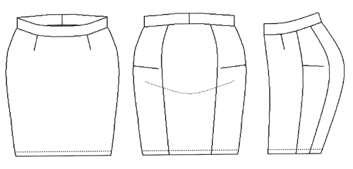Kjol med linning framifrån, bakifrån och från sidan