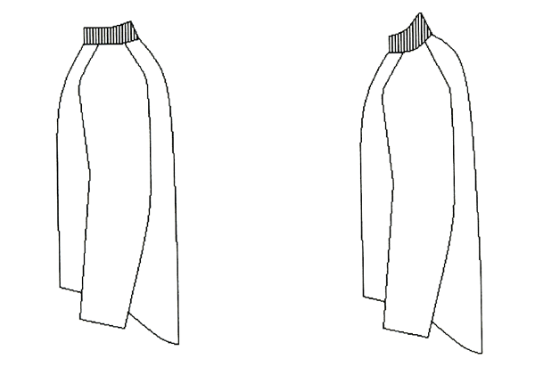 Raglanjacka med rak ärm och normal rygg från sidan och böjd ärm och rygg från sidan