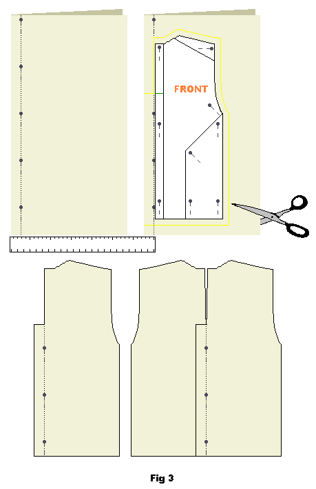 Klipp nacköppningen längs den nålade linjen fram till markeringen (vikkanten) utan sömsmån. Klipp sedan rakt ut mot vikkanten.