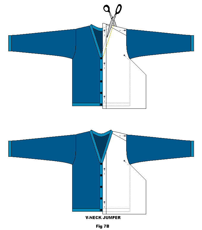 Använd samma teknik – små klipp med saxen – och klipp längs halsringningen på samma sätt – V-ringad tröja.