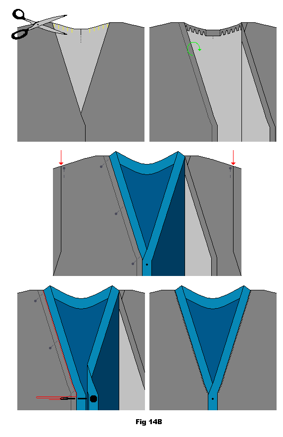 På en V-ringad tröja klipp små jack endast längs halsringningens bakstycke. Vik in fållkanten och pass med tröjans ringning. Sy fast för hand.