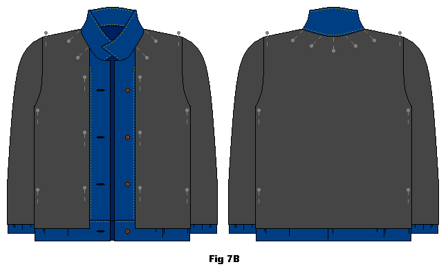 Nåla fast fleece tröjans invikta framkanter och nacklinje på jeansjackan.