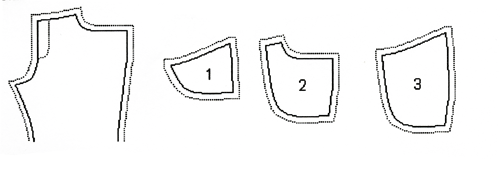 Framstycke med ficka och fickans mönsterdelar 1, 2 and 3